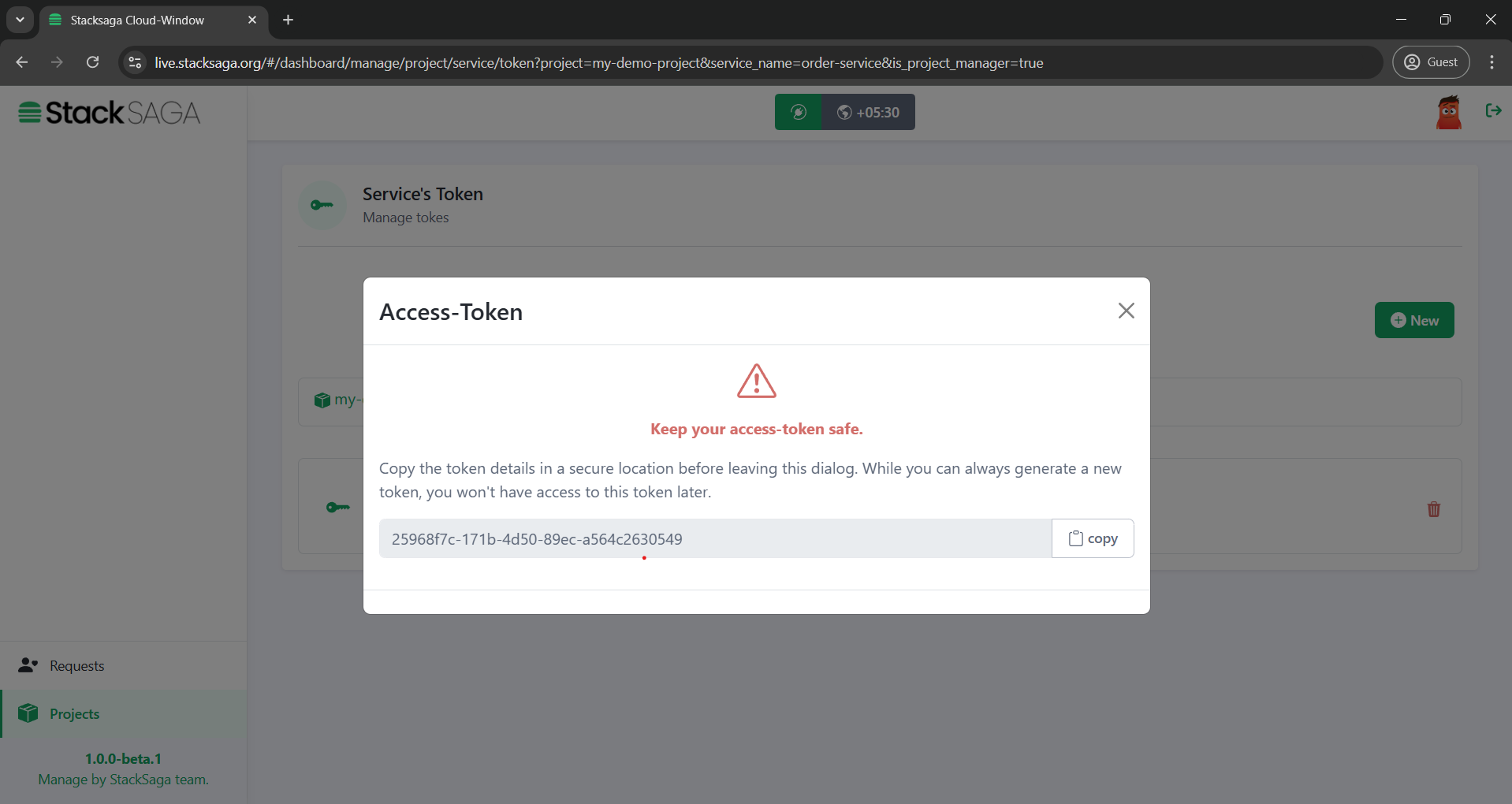 stacksaga cloud window copy created service token