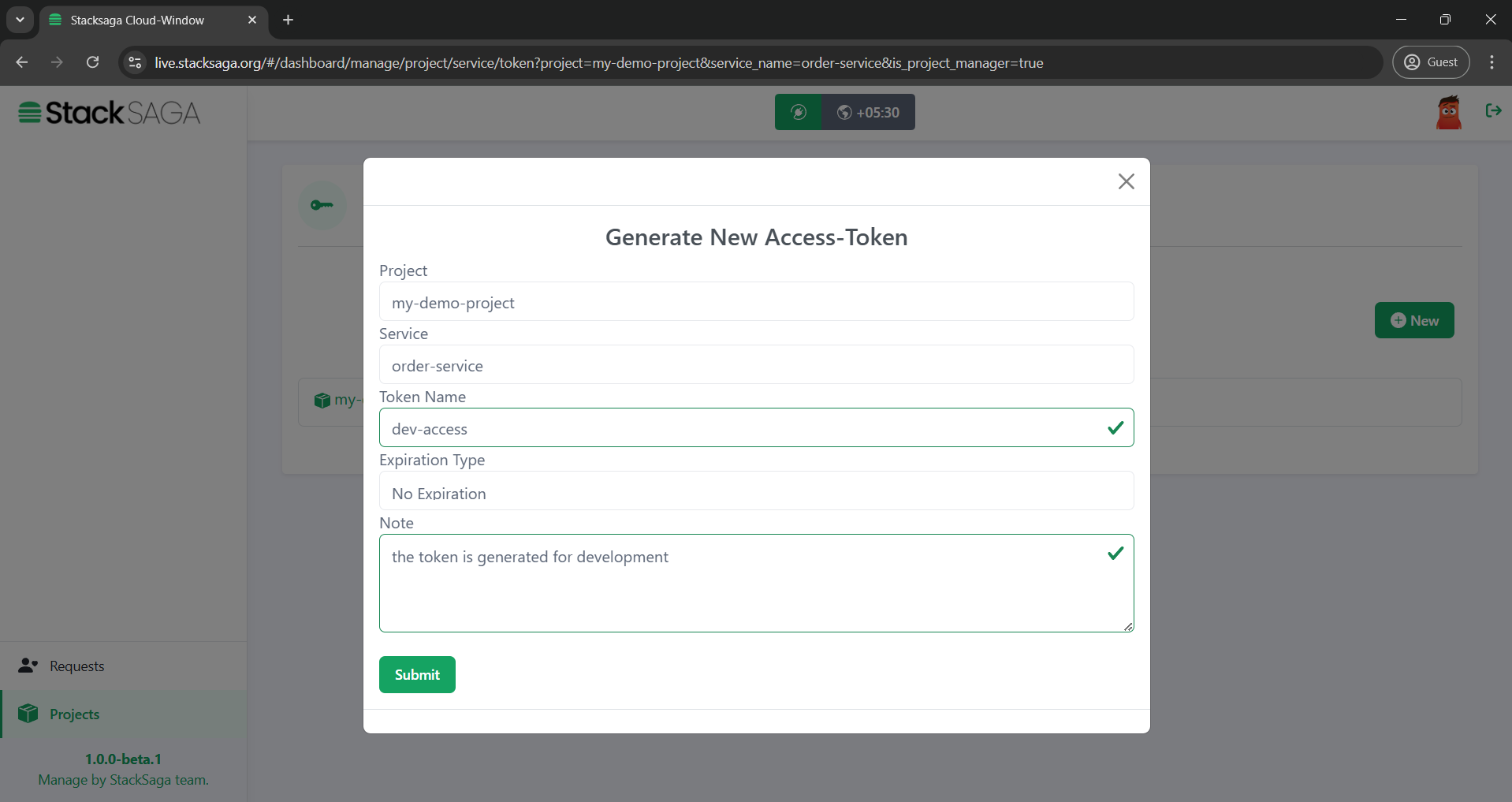 stacksaga cloud window creating new service token