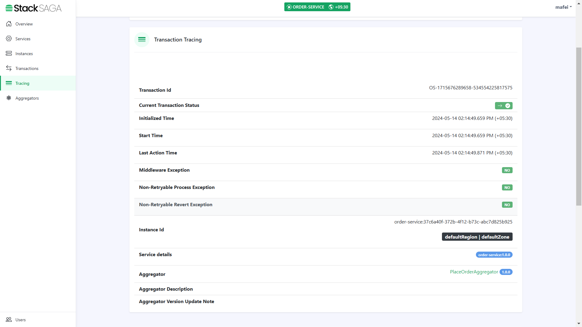 stacksaga place order api test tracing summary